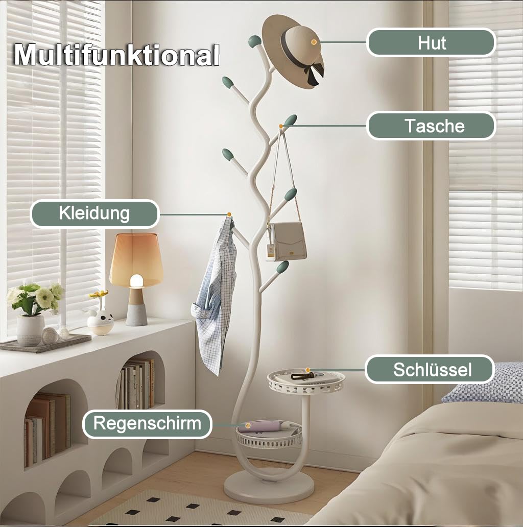 Baumförmiger Garderobenständer mit 2 Ablagen, Kleiderständer Gold mit Ablage, 8 Haken, Jackenständer Stehend, Kohlenstoffstahl, Hanger Coat Stand, Lackiert, 29×29×170cm(Gold)