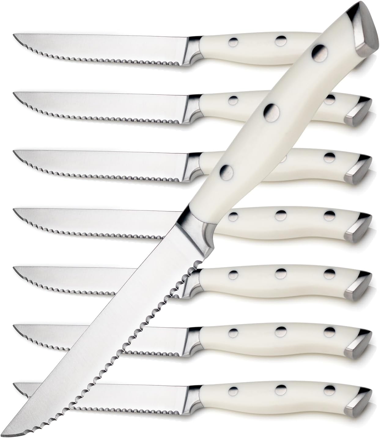 Alata 8-Piece White Steak Knives Set, Stainless Steel Steak Knife set with Serrated Edge, Razor-Sharp, Full-Tang Construction