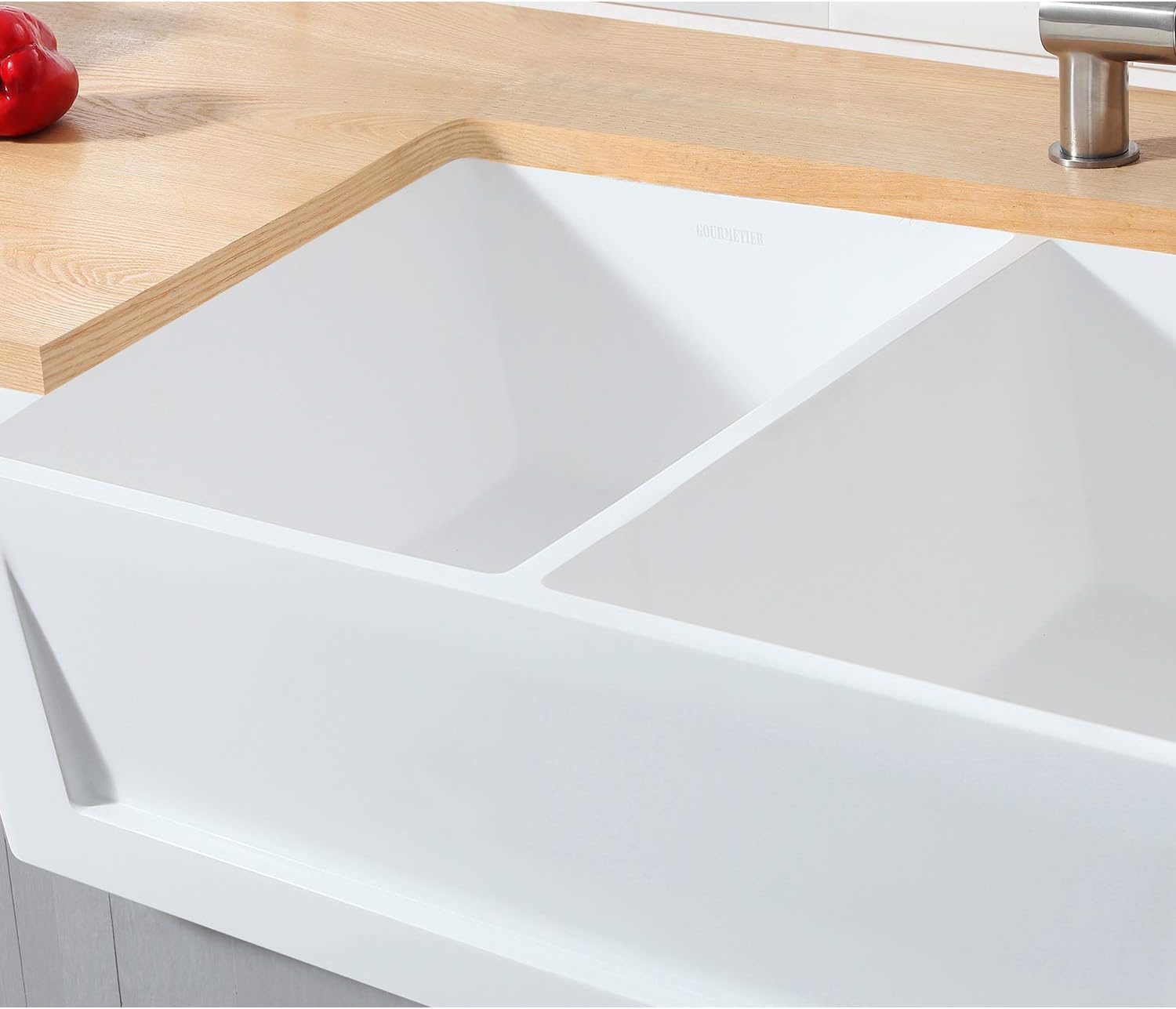 Gourmetier GKFA331810SQD Solid Surface Double Bowl Farmhouse Kitchen Sink, Matte White