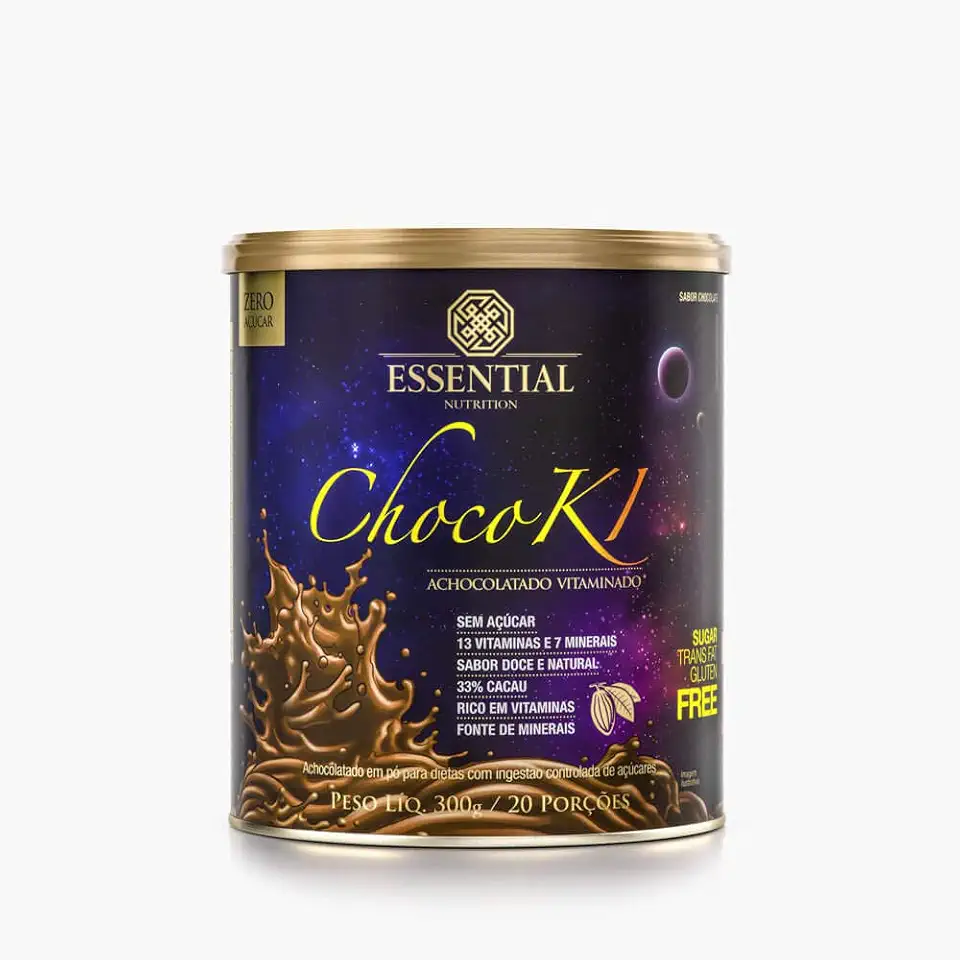 ChocoKi 300g – Essential Nutrition | Achocolatado Premium com Cacau 100% Puro | Sem Açúcar, Sem Lactose, Adoçado com Estévia | Sabor Natural e Saudável