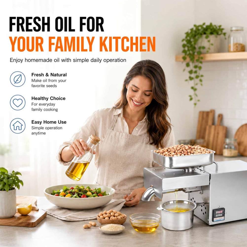 Ölpresse Maschine für Zuhause, Elektrische Ölpresse mit Kaltpressfunktion, Samenölpresse & Ölhersteller für Erdnuss Sesam Soja Nüsse, Edelstahl Küchengerät für Speiseöl