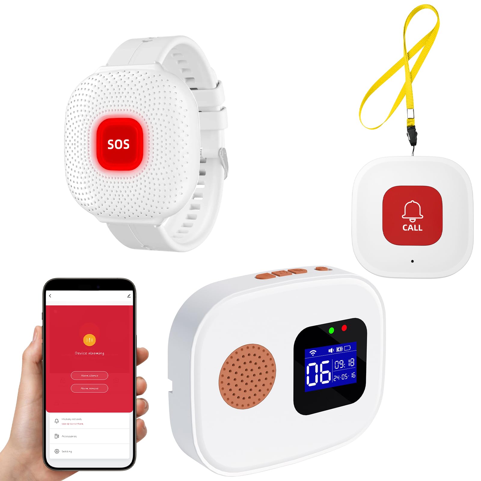 WiFi Alarme Personne Agee,Intelligent APP Bracelet Alarme Personne âgée, Bouton d'urgence pour Patient/Seniors/Personnes Handicapées /Femmes Enceintes(2 Boutons d'appel SOS, 1 récepteur)