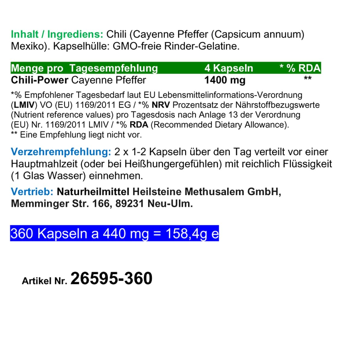 Red Chili Fat-BURNER CAPSAICIN 360 Kapseln BAUCH BEINE PO "Fettbrenner" POWER-Diät Unterstützung & (Fett) Stoffwechsel. OHNE Zusatzstoffe 26595-360