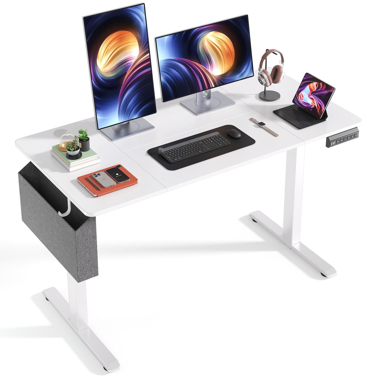 Xbro Escritorio Elevable Eléctrico 120 x 60 cm, Escritorio Ajustable en Altura con 3 Memorias, Mesa Elevable con Bandeja para Gestión de Cables, Bolsillo de Almacenamiento y Ganchos Laterales, Blanco