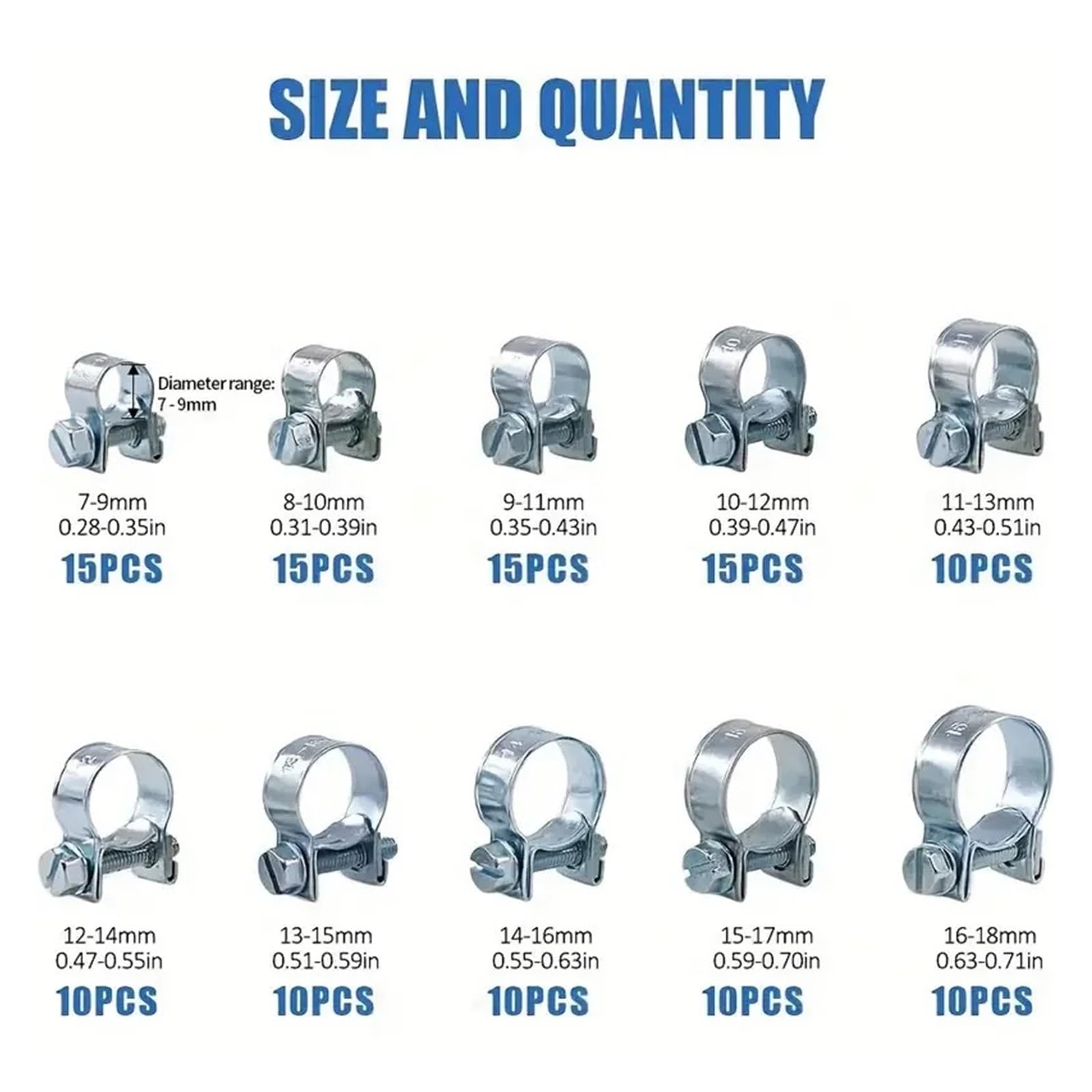 Kit surtido de 120 abrazaderas for manguera de inyección de combustible, de 7 a 18 mm, for manguera de aire y de metal for tuberías de gasolina.