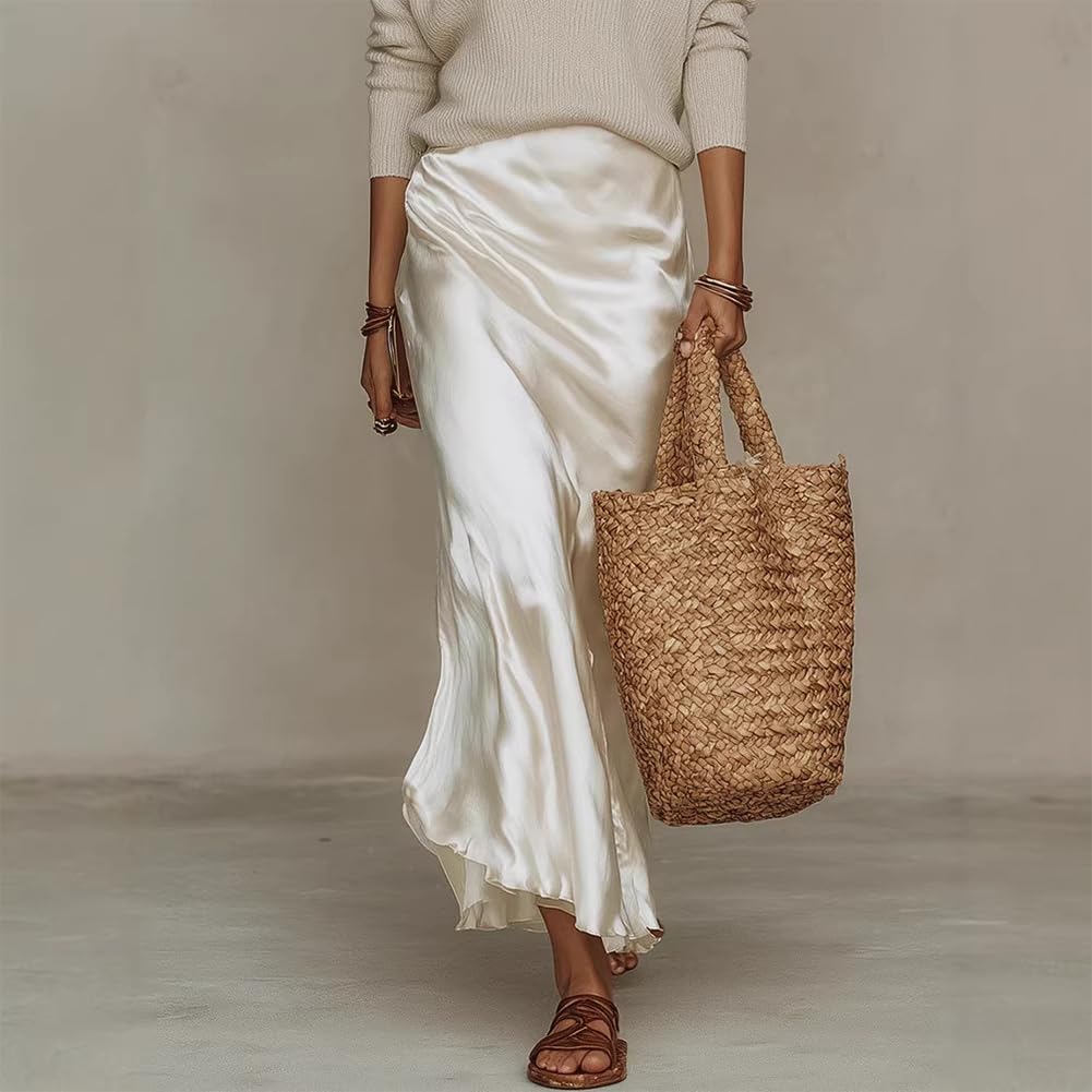 Générique Ensembles D'été 2 Pièces Pour Femmes : Hauts En Maille À Col En V Et Robes Maxi En Satin, Parfaits Pour Les Invitées De Mariage Et Les Soirées