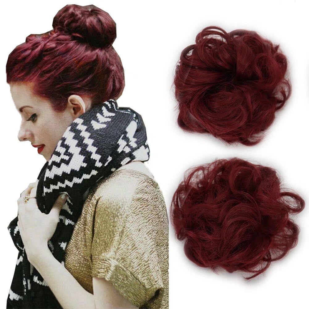 LaLuLoLi Hair Bun Updo Hairpiece Scrunchy Curly Wavy Chignons Violet Red Color Synthetic Wig Wine Red Hair Extensions for Women 2pcs/pack #118