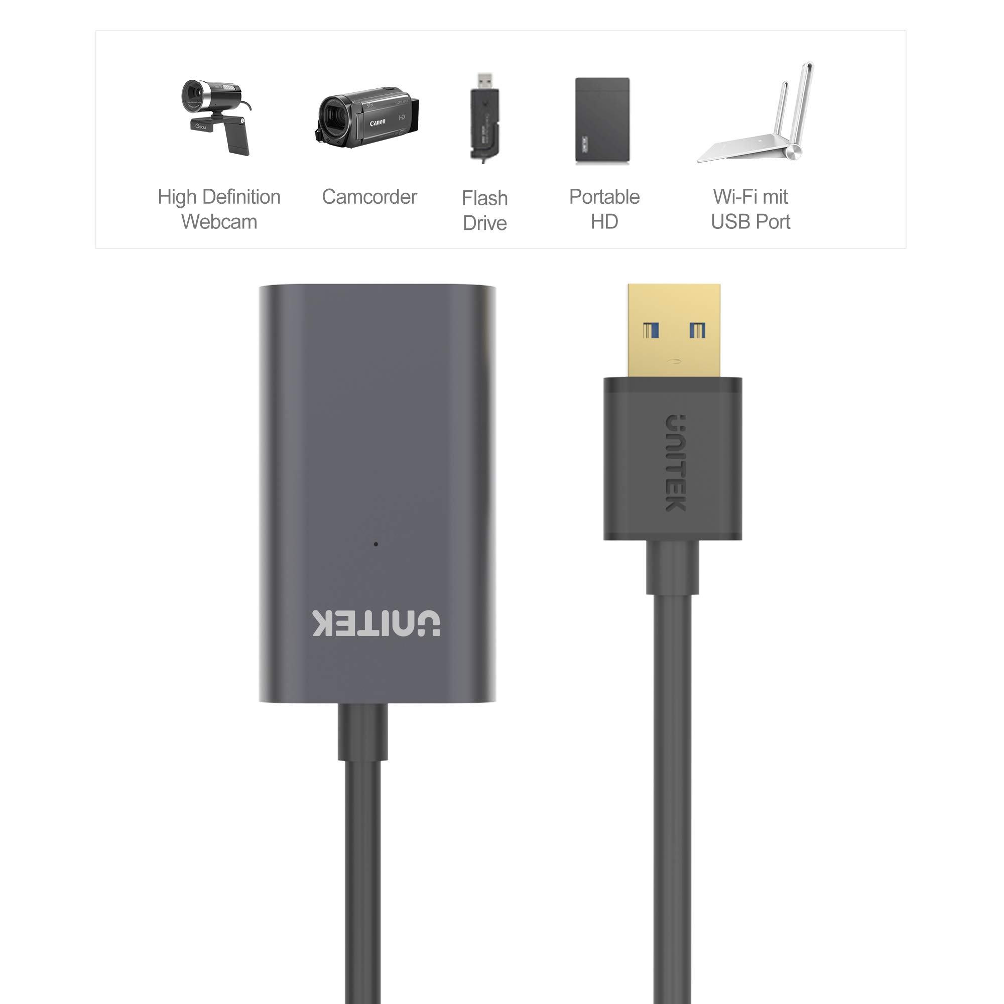 UNITEK Cavo di prolunga da 10 metri con amplificatore USB 3.1 Gen1 │ Cavo ripetitore USB con amplificatore di segnale e alimentazione│ Da USB-A maschio a USB-A femmina │ 5 Gbit/s, Plug&Play│ Alluminio