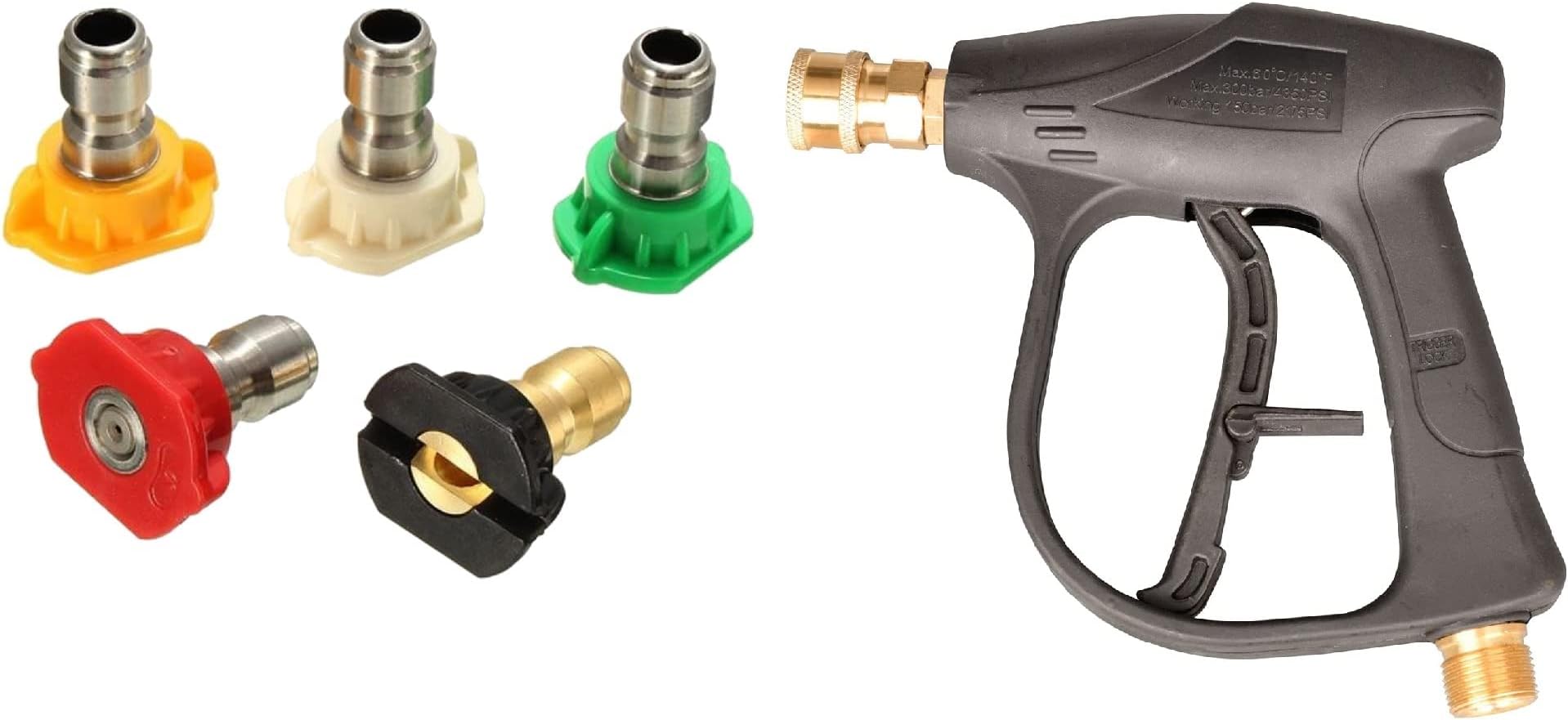 Pressure Washer Gun Spray Nozzle Tips - Multi Degree Quick Change | Foam Lance Cannon Adjustable Jet Wash | Fits Electric & Gas Machine 1/4 inch, Pack of 5 (Nozzle With QRC & Gun)