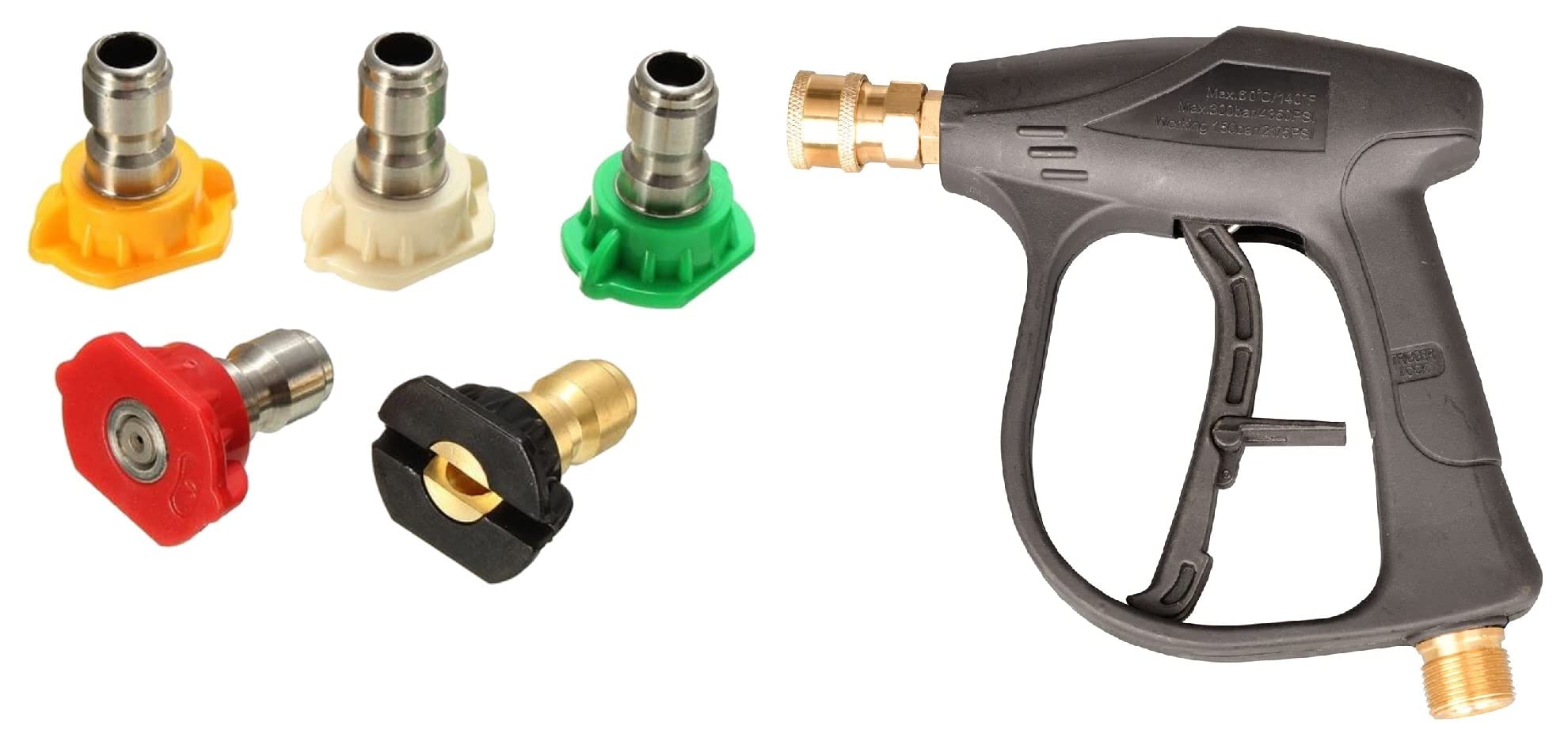 Pressure Washer Gun Spray Nozzle Tips - Multi Degree Quick Change | Foam Lance Cannon Adjustable Jet Wash | Fits Electric & Gas Machine 1/4 inch, Pack of 5 (Nozzle With QRC & Gun)