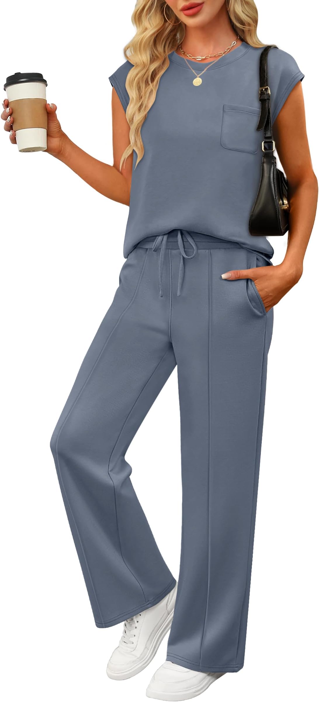 ANRABESS Women's Summer 2 Piece Outfits Casual Sleeveless Sweatsuits Matching Wide Leg Tracksuits Lounge Sets Fashion Clothes