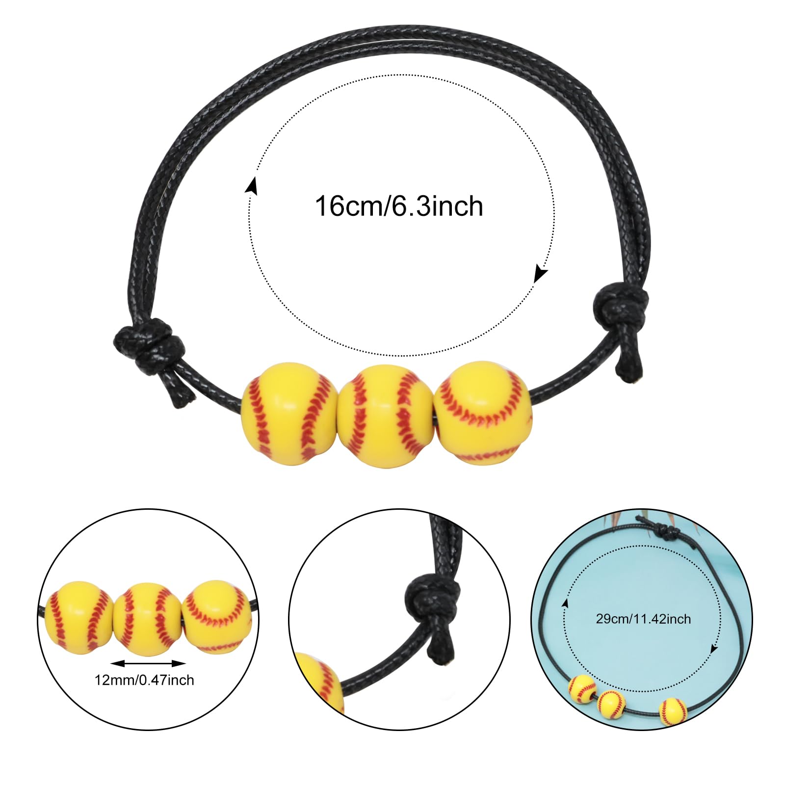 Honbay 20PCS Adjustable Black Braided Rope Bracelets Softball Beads Bracelets Yellow Softball Beads Wristbands Inspirational Sports Ball Bracelets Sports Party Favors Sport Team Gifts