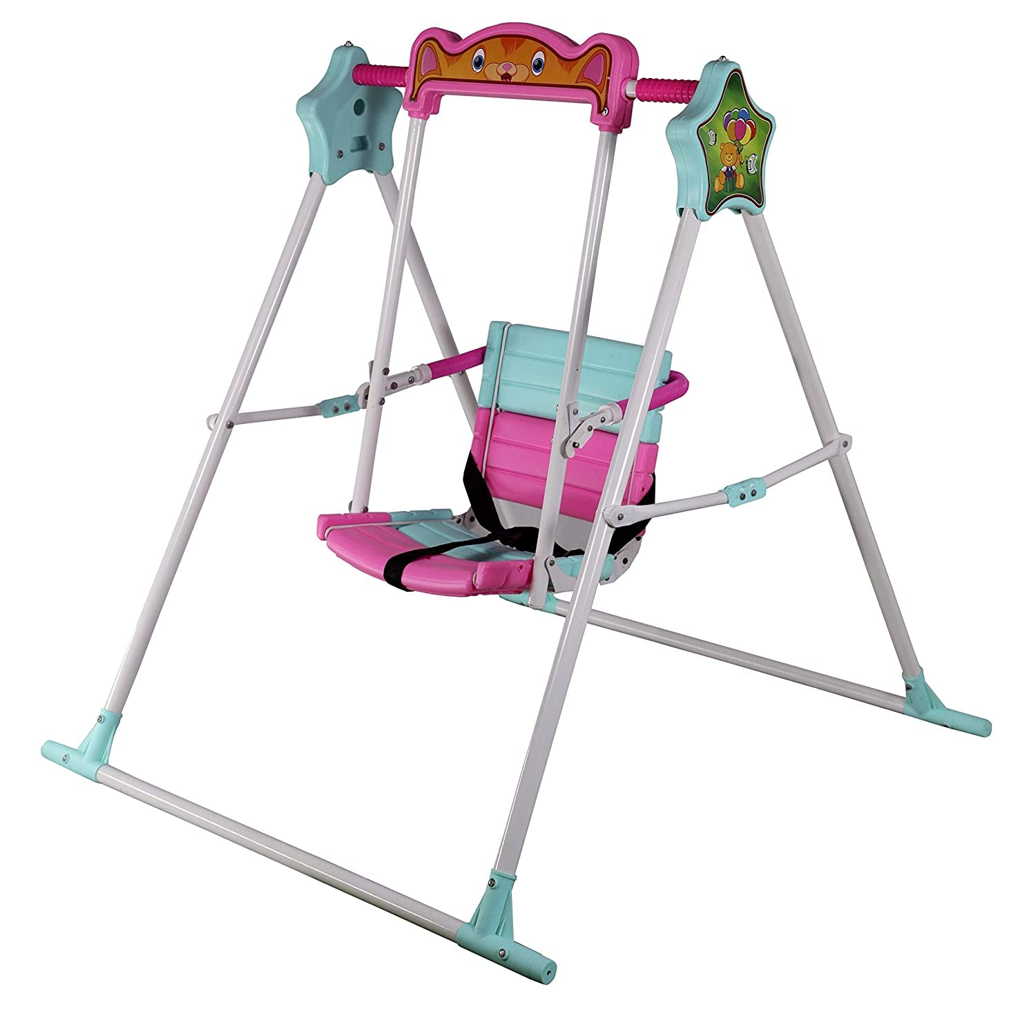 BabyGo Kids Swing for 1–5 Years | Heavy-Duty Metal Frame Baby Swing Seat with Safety Belt | Indoor & Outdoor Foldable Toddler Swing | 30kg Capacity | Easy DIY Installation – Blue & Pink 3