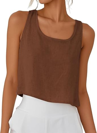 Linen Crop Tops for Women Cotton Linen Summer Sleeveless Cropped Casual Fashion Cute Tops Beach Vacation Tank Tops Tee