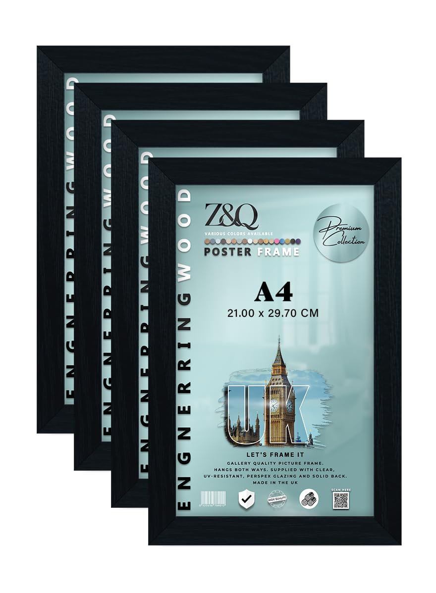 Z&Q pack of 4 MDF Picture Frame A4 (21.00 x 29.70 CM) A4 (29.70 x 21.00 cm) for Auto-Shop Posters, Car Blueprints & Vintage Vehicle Art, Elegant MDF Build, Secure Wall Display [ Black ]
