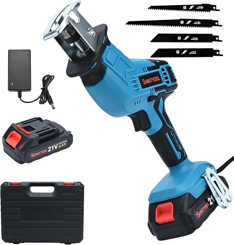 21V Cordless Reciprocating Saw Kit | 2.0 Ah Battery, Charger Included, Hog Ring Anvil, 4 Pcs Blades, For Wood PVC Pipe Tree Cutting