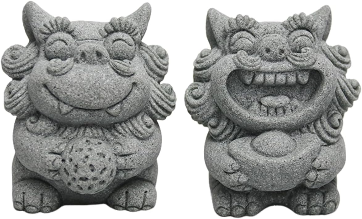 livelyfish Fish Tank Fu Foo Dogs Statues Decorations A Pair of Asian Japanese Sandstone Lion Figures Sculpture for 10 Gallon Tanks Aquarium, Garden Bonsai Decor Gifts,E (L)