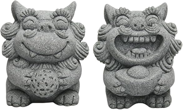 livelyfish Fish Tank Fu Foo Dogs Statues Decorations A Pair of Asian Japanese Sandstone Lion Figures Sculpture for 10 Gallon Tanks Aquarium, Garden Bonsai Decor Gifts,E L