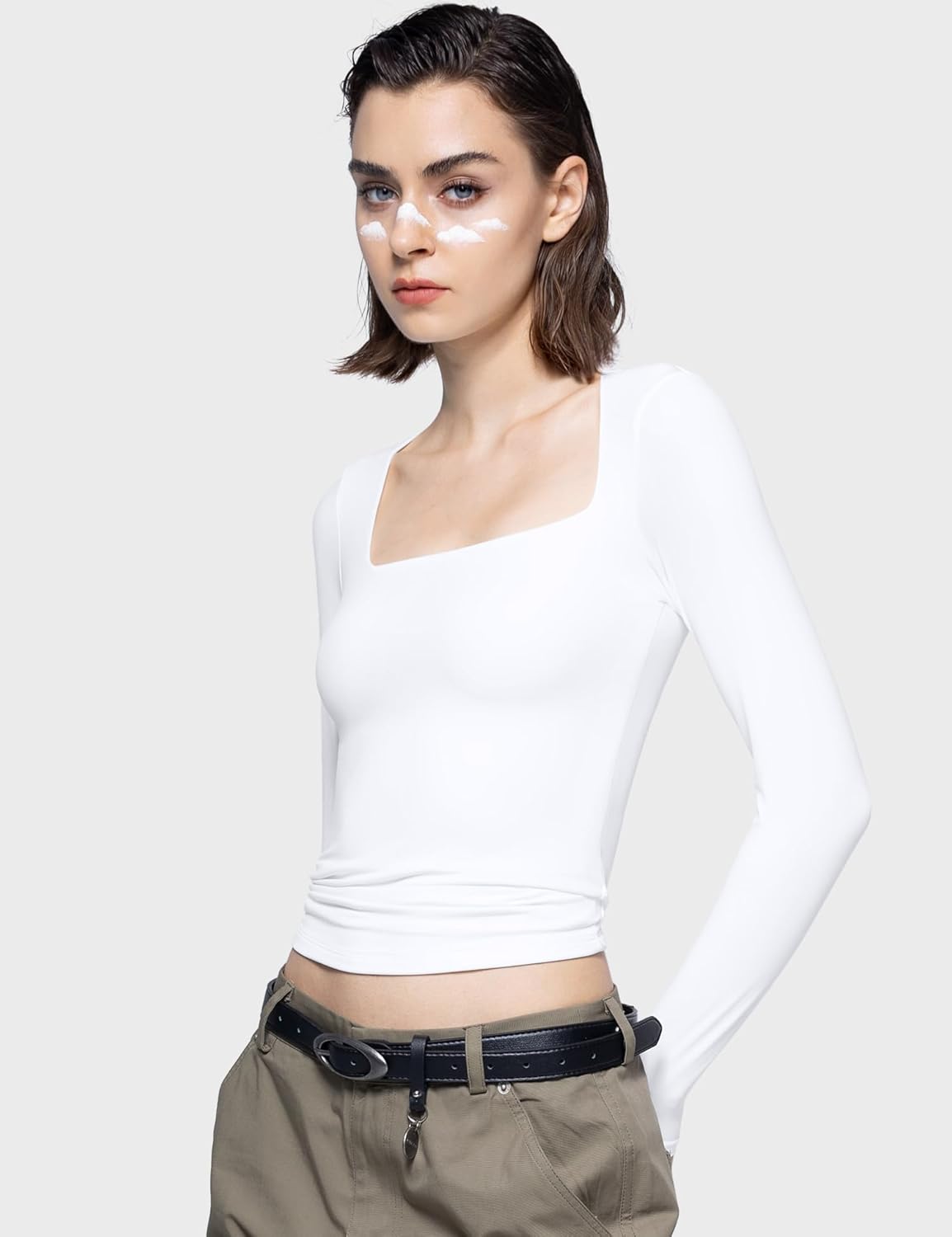 PUMIEY Women's Square Neck Long Sleeve T Shirts Slim Fit Tops Basic Tee Smoke Cloud Pro Collection - Image 5