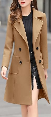 chouyatou Women Elegant Notched Collar Double Breasted Wool Blend Over Coat