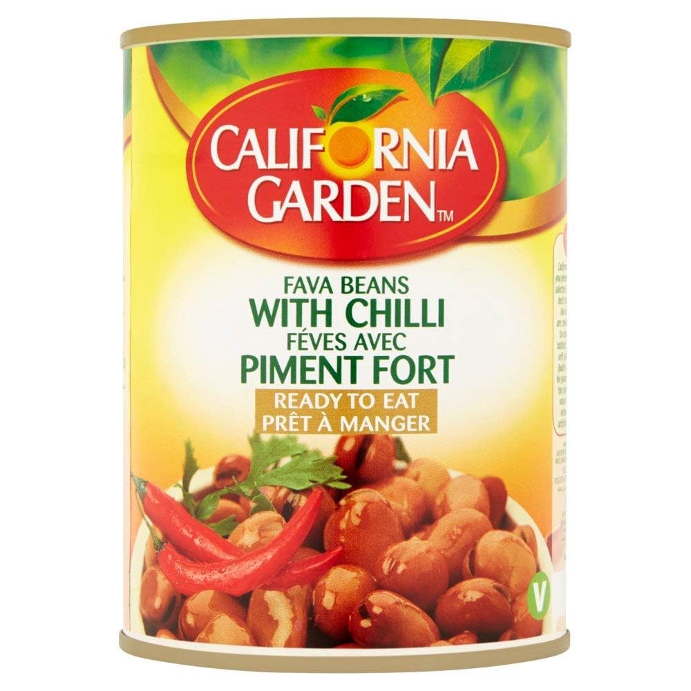 California Garden Premium Kosher Fava Beans with Chili 12 Cans 16oz/450g each حدائق كاليفورنيا فول مدمس بالفلفل الحار