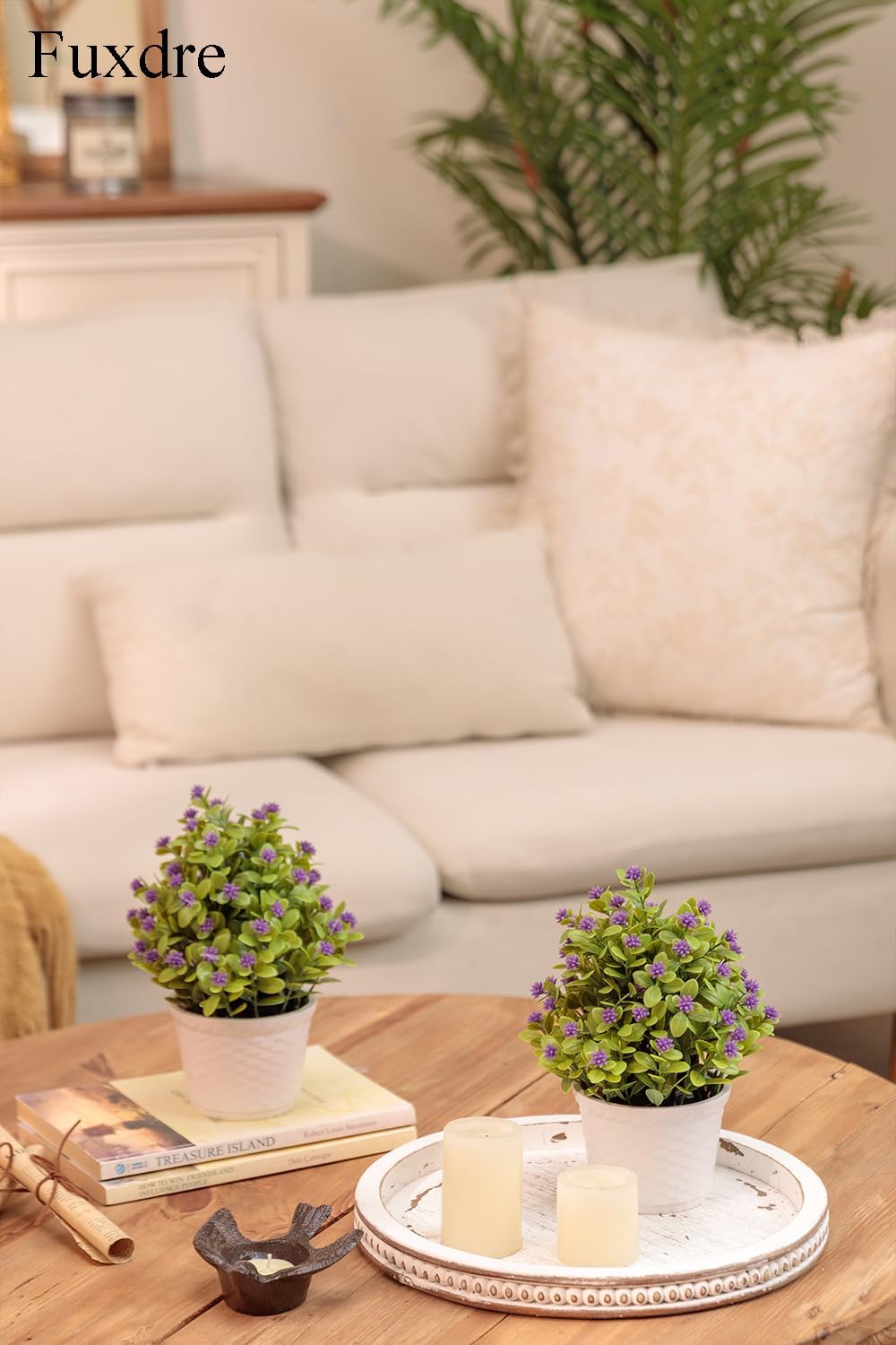 2 Pack Small Desk Plants, Artificial Bathroom Plants Decor with Flower in Vintage Plastic Pots, Faux Plants Indoor for Shelf Decor in Home Office, and Spring Decor (Purple)