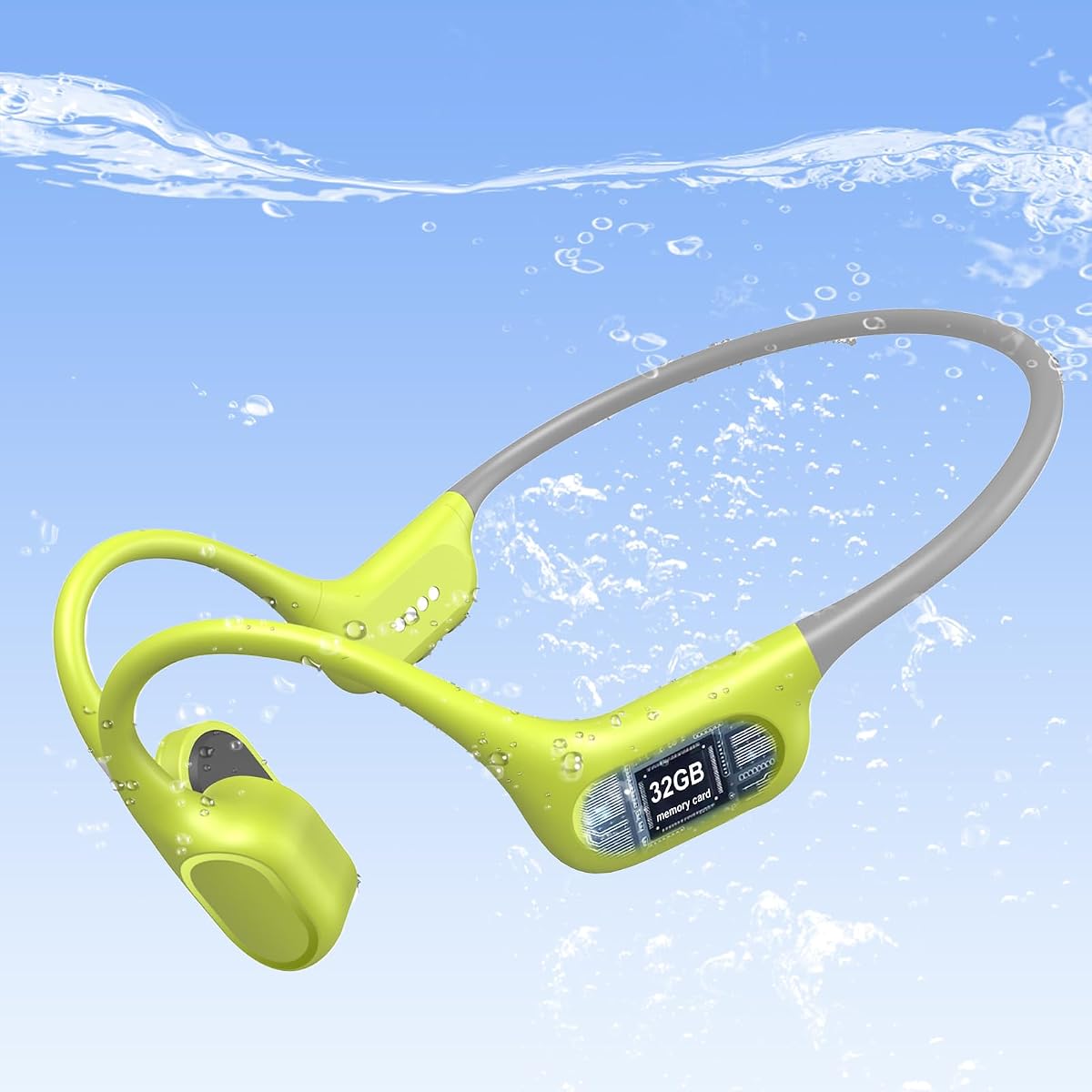 IP68 Waterproof Swimming Headphones, Bone Conduction Bluetooth 6.0 Headphones, Built-in 32GB MP3 Player, Soft Lightweight Open-Ear Design for Swimming Marathons Showers Cycling(Green