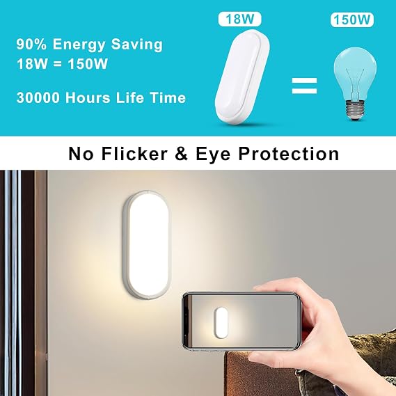 18W LED Wall Light Outside 2 Pack, IP65 Bathroom Bulkhead Light, LED Ceiling Light, 1800LM 4000K Porch Light for Indoor, Outdoor, Kitchen, Garage, Hallway, Cellar, Garden [Energy Class E]