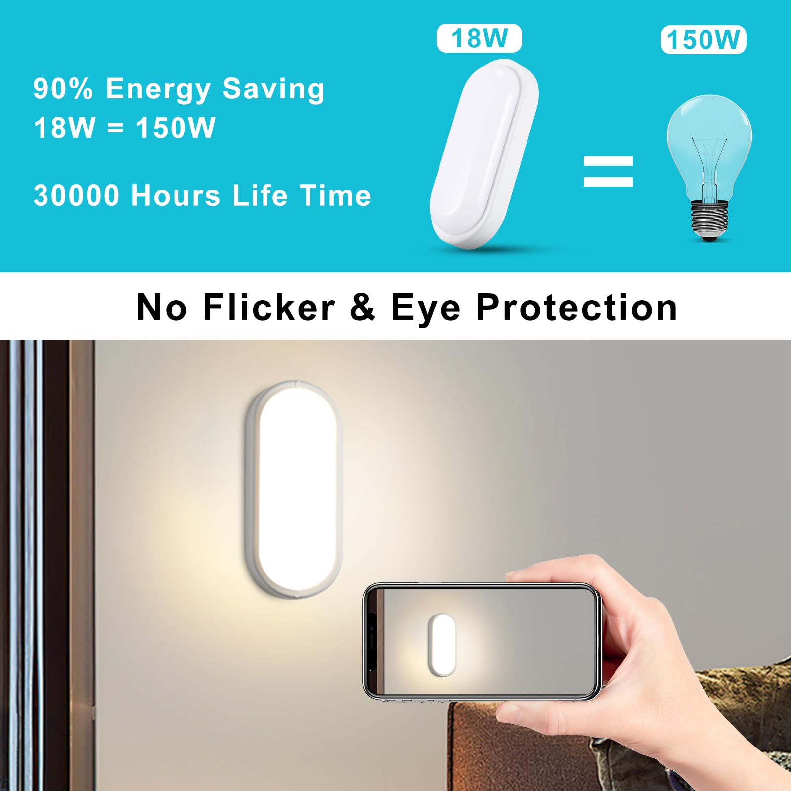 Letlit 18W LED Wall Light Outside, IP65 Bathroom Bulkhead Light, LED Ceiling Light, 1800LM 4000K Porch Light for Indoor - Image 3