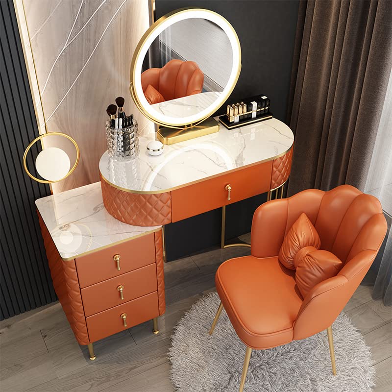ドレッサー 北欧風 LEDミラー 鏡台 オシャレ レザー調 ドレッサー スツールセット 寝室 化粧テーブル 小さい化粧台 コスメ台 収納 大容量  可愛い おしゃれ (オレンジ, 80cm)