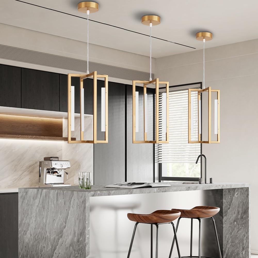 Modern Gold LED Chandelier Dimmable Pendant Light Kitchen Island Geometric Chandeliers for Dining Room Industrial Hanging Light Fixtures for Kitchen,Farmhouse,Living Room