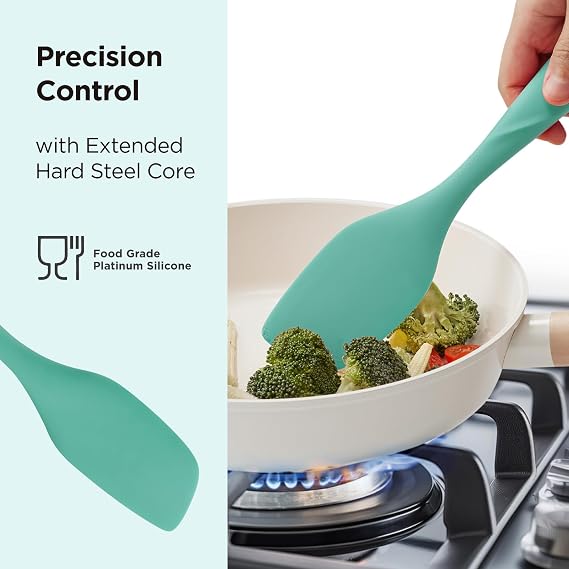 مجموعة أدوات المطبخ المصنوعة من السيليكون من Kitchen Mama WaltzGrip: ملعقة مسطحة مكونة من 6 قطع، وفرش دهن، وقاطعة فطائر لأواني الطهي غير اللاصقة - مقاومة للحرارة، وآمنة للغسل في غسالة الأطباق، ومثالية للخبز (أزرق مخضر)