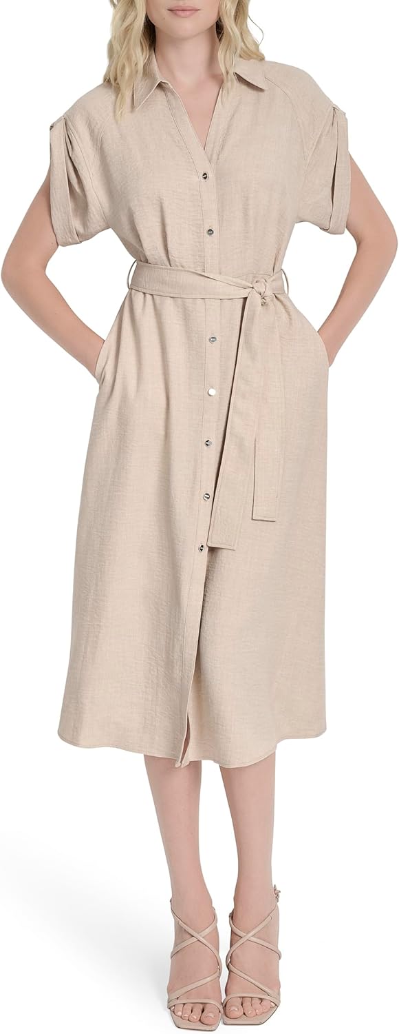 DKNY Womens Short Extended Sleeves Collared Neck Slit Pocket Dress with Removable Belt - Image 2