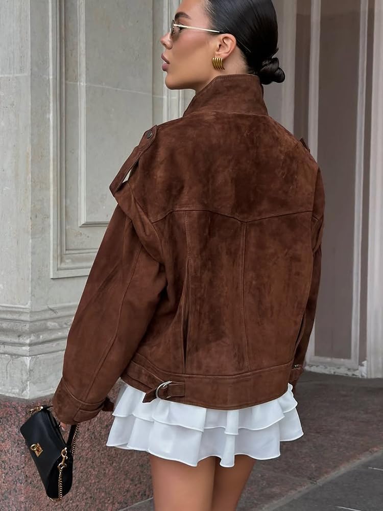 HOTIAN Women's Oversized Suede Biker Jacket - Cropped Stand Collar Faux Suede Moto Coat for Fall & Winter