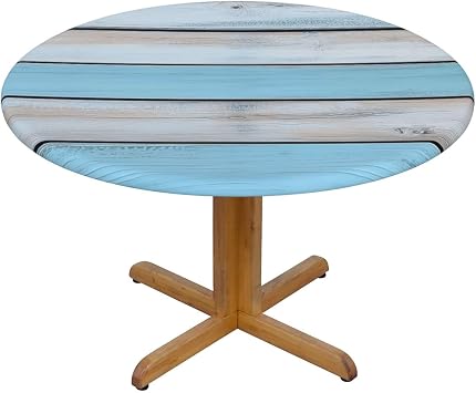 Blue White Wooden Board Texture Fitted Round Tablecloth with Elastic Edge, Indoor Outdoor Waterproof Spill-Proof Polyester Table Cover for Picnic Party Kitchen Fits 45" - 50" Diameter Round Tables
