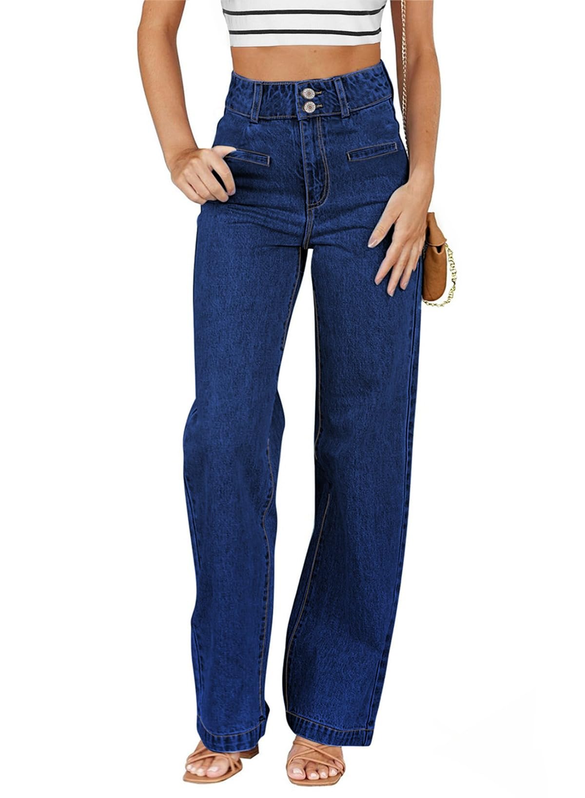 Sidefeel Women's Jeans High Waisted Straight Leg Stretchy Jeans Trendy Welt Pockets Loose Wide Leg Zimbaplatinum Denim Pants