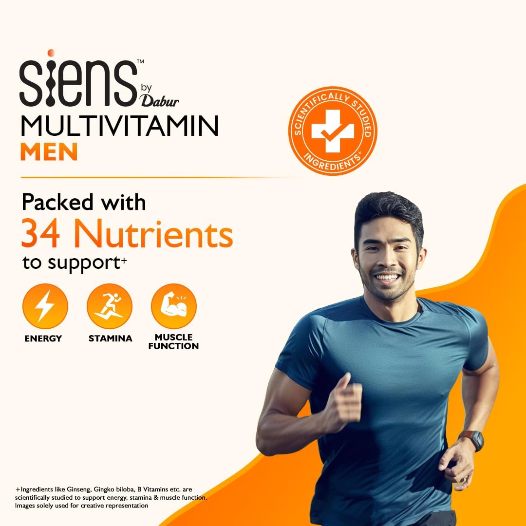 Siens By Dabur Multivitamin for Men-30 tablets | Enriched with 34 nutrients to Support Overall Health, Energy, Stamina & Muscle Function Siens By Dabur Multivitamin for Men-30 tablets | Enriched with 34 nutrients to Support Overall Health, Energy, Stamina & Muscle Function