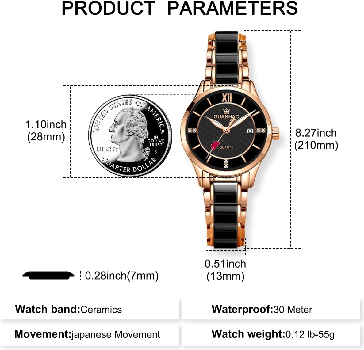 Ceramic Watches for Women, Fashion Ladies Watch Elegant Dress Women's Wristwatches with Diamond Accented Waterproof Calendar Mineral Glass - Image 3
