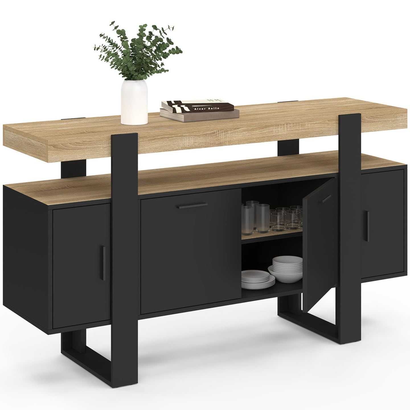 IDMarket Phoenix Phoenix - Aparador (140 cm, 4 puertas), color negro