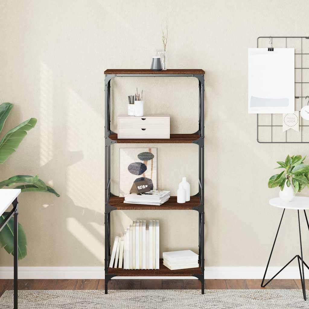 Libreria a 4 ripiani, rovere marrone, 59 x 35 x 132 cm, in legno con gambe regolabili e telaio in metallo, per soggiorno, ufficio, cameretta dei bambini, corridoio, biblioteca, ripostiglio