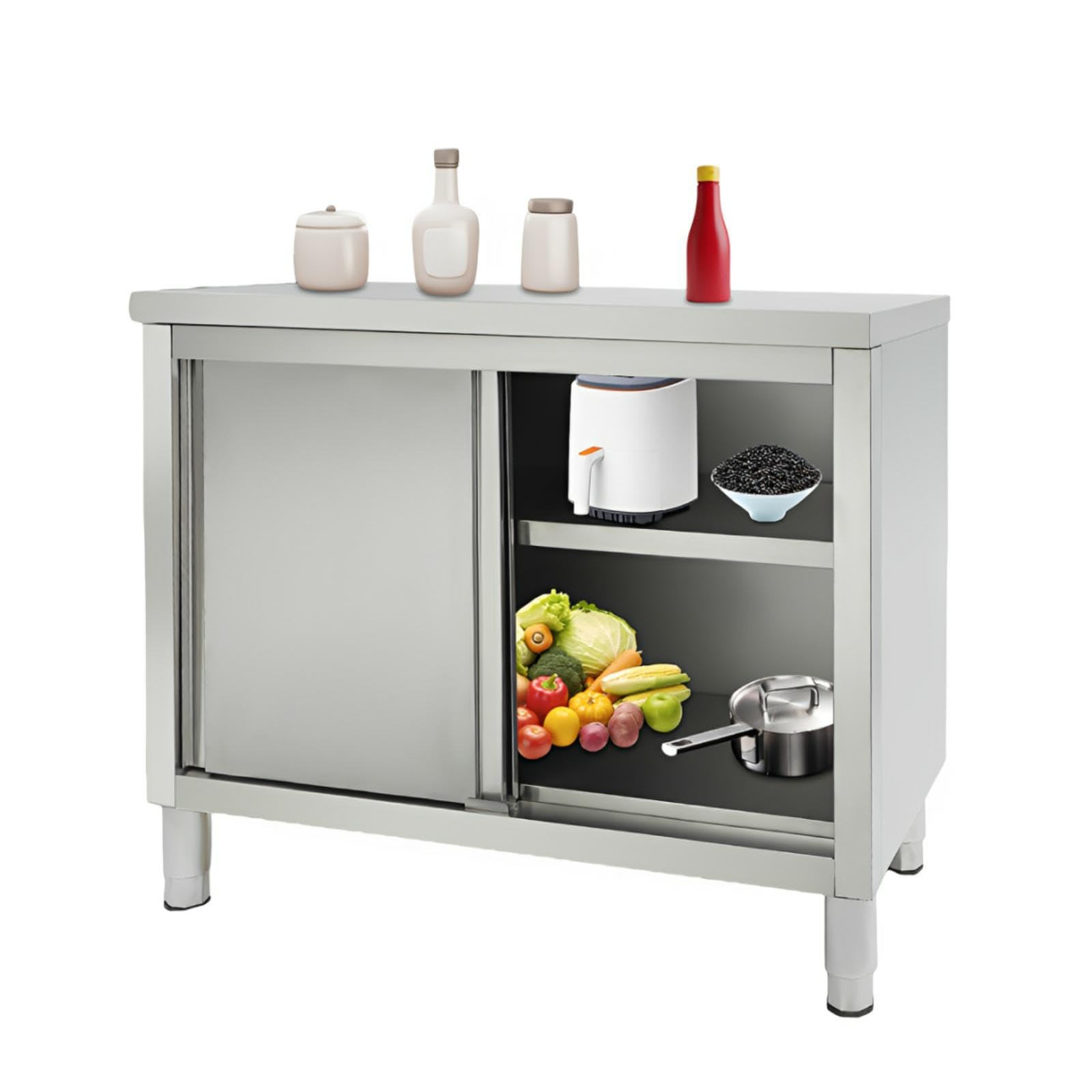 Mesa de trabajo con puertas correderas, mesa de trabajo de cocina de acero inoxidable, 100 x 50 x 86 cm, almacenamiento de altura ajustable de 5 a 20 cm, armario gastro de acero inoxidable