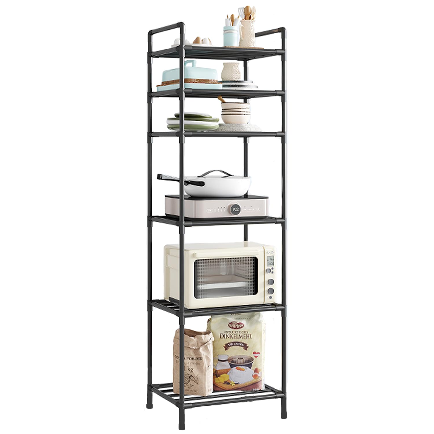HerlaKitchen Storage Rack, 6 Tier Narrow Diningroom Shelving, Heavy Duty Metal Storage Shelves, Stackable Extendable Organizer for Laundry, Bathroom, Kitchen, Pantry, Basement, Utility Room