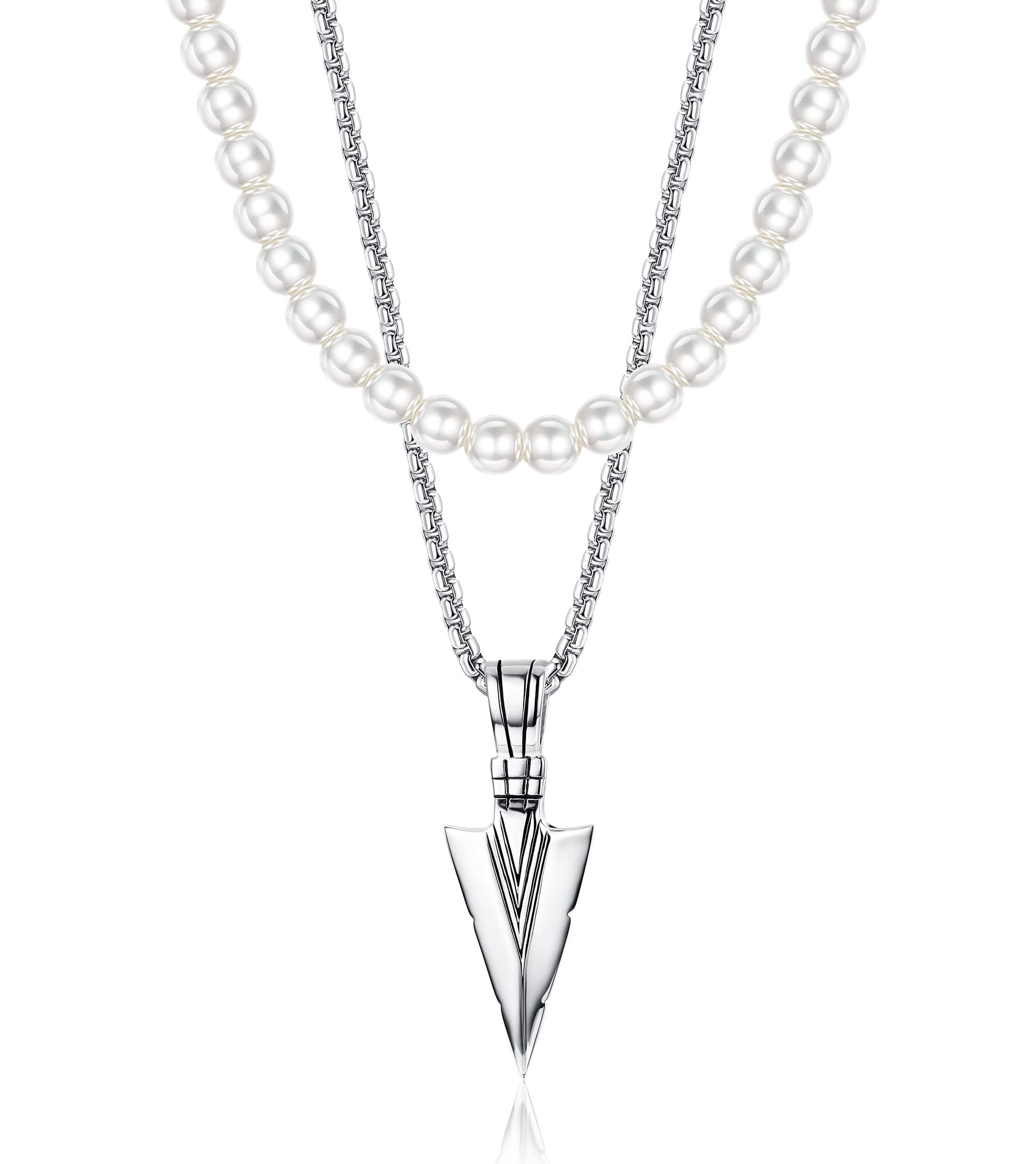 Adramata 2 Piezas Collares para Hombre Acero Inoxidable Collar de Cruz Collar de Lanza Collar de Perlas Simuladas Collar Colgante Vikingo Collar de Cadena Plata Collar para Hombre Mujer