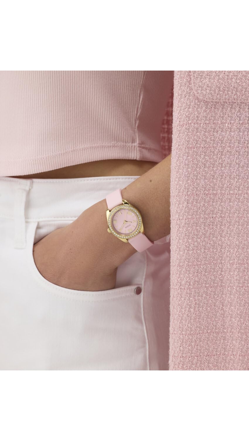 Guess Reloj de Pulsera para Mujer GW1000L2 Mini Luna de 30 mm, Acero Inoxidable Dorado, Esfera Rosa, Cuarzo, Cristal Mineral, circonita, 3 ATM, Correa de Silicona Blanca de 14 mm