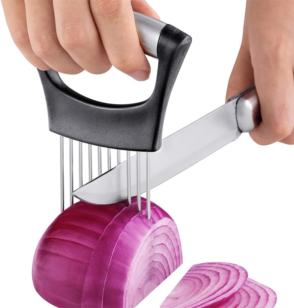 Onion Holder for Slicing, Lemon Slicer Onion Cutter for Slicing, Vegetable Cutter for Potato and Tomato, Avocados, Eggs, Food Slicer Assistant Tool for Slicing Fruit Lemon and Meat, Dishwasher Safe
