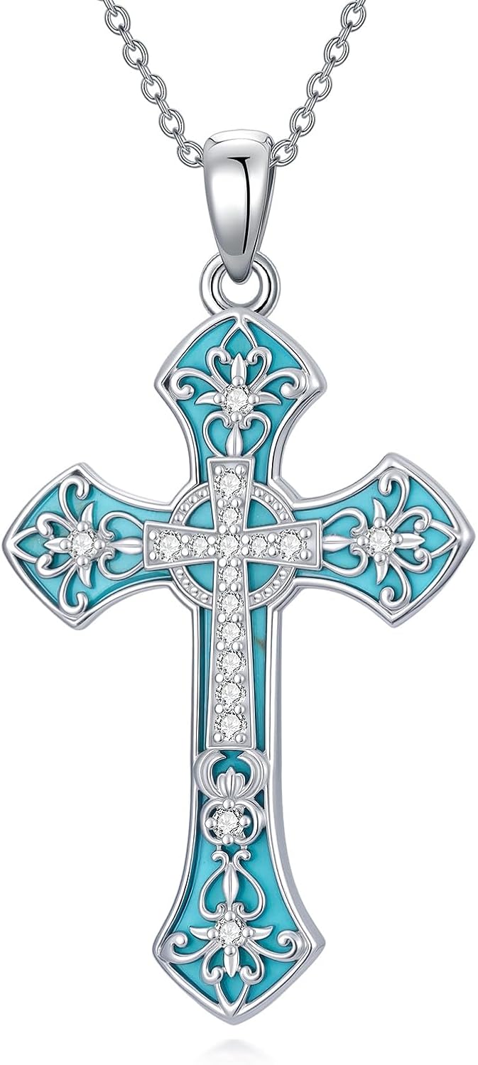 Moissanite Cross Necklaces for Women, 925 Sterling Silver Turquoise Cross Pendant Necklaces, Dainty Moissanite Cross Choker Necklace Religious Jewelry Anniversary Birthday Christmas Gift for Women Mom Wife