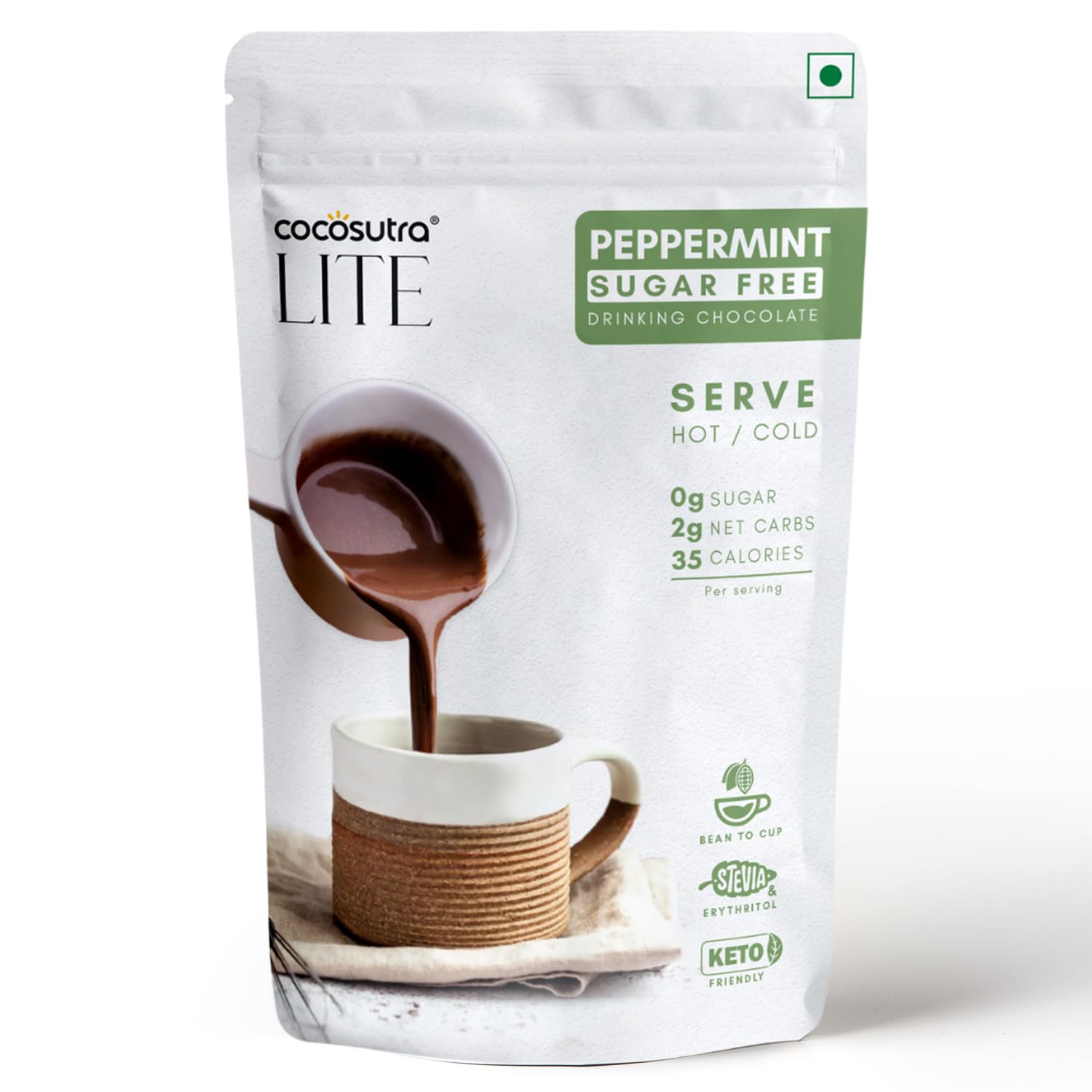 COCOSUTRA SUGAR FREE Peppermint Drinking Chocolate Mix | Zero Sugar, Low Carb, Low Calorie | Stevia & Erythritol based | Keto Friendly Drink | Enjoy hot or cold | 200 g | 10 cups