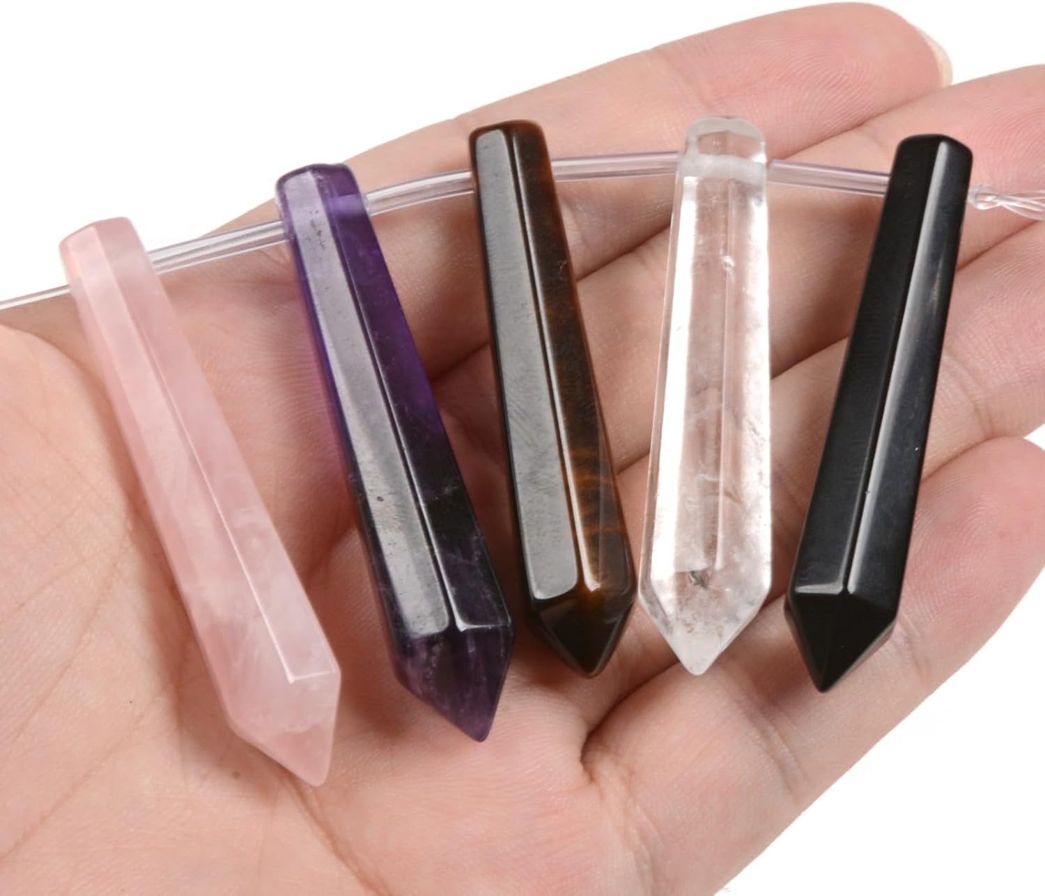 50mm Natural Yellow Tiger Eye Pink Quartz Black Obsidian White Clear Quartz Amethyst Hexagonal Wand Jewelry Making Crystal Pointed Chakra Reiki Healing Beads 2mm Hole Drilled(Pack of 5) - Image 4