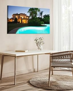 Luxury swimming pool and villa illuminated at night canvas wall art decor framed photo prints picture poster for bathroom bedroom kitchen living room office artwork paintings 20x30