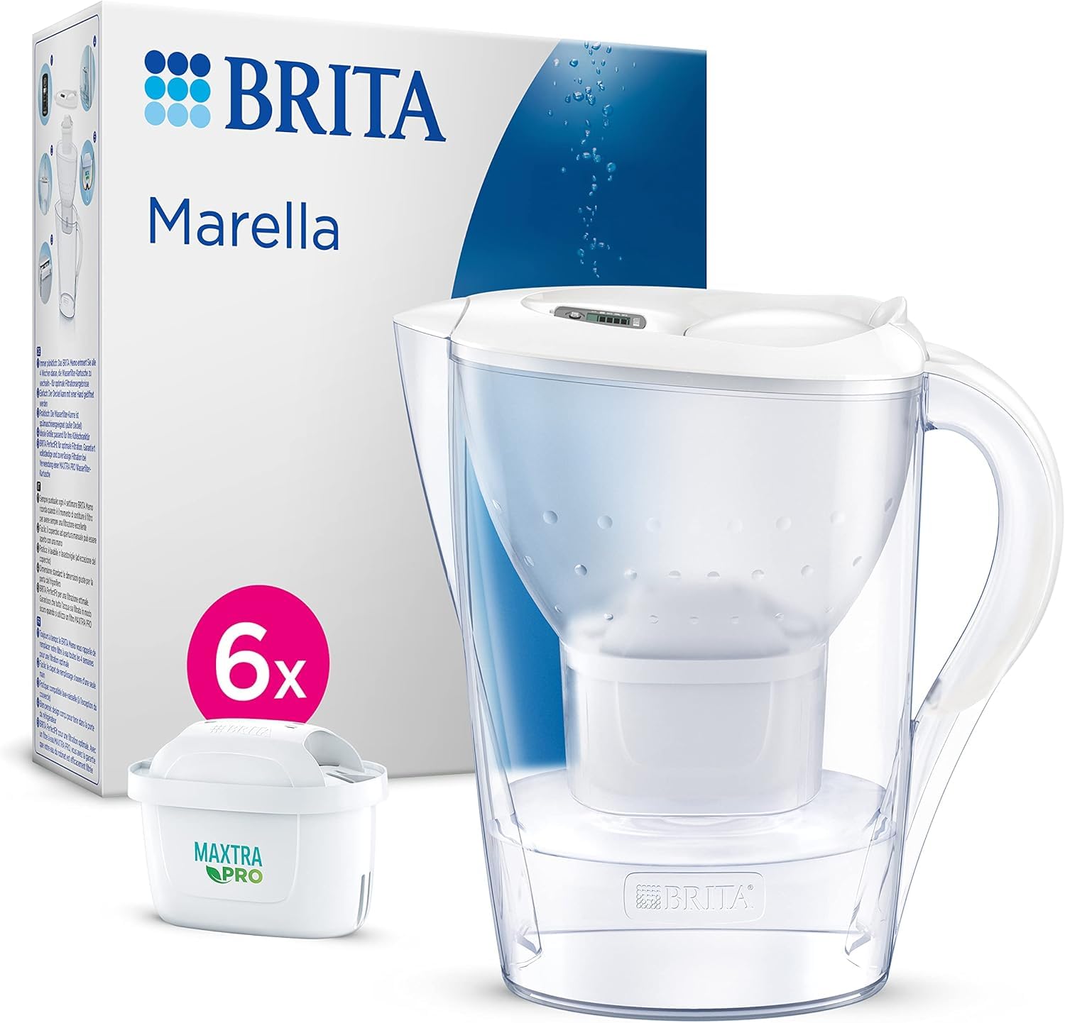 BRITA Wasserfilter Kanne Marella weiß (2,4l) inkl. 6x MAXTRA PRO Pure Performance Kartusche (Halbjahrespaket), Kühlschrankgeeignet, Filterkanne mit BRITA Memo, Klapp-Deckel, filtert Verunreinigungen